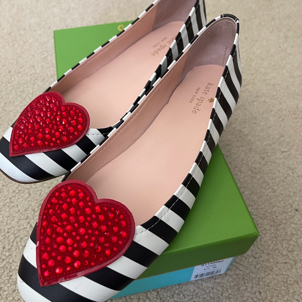Kate Spade Striped Crystal Heart Ballet Flats 8.5